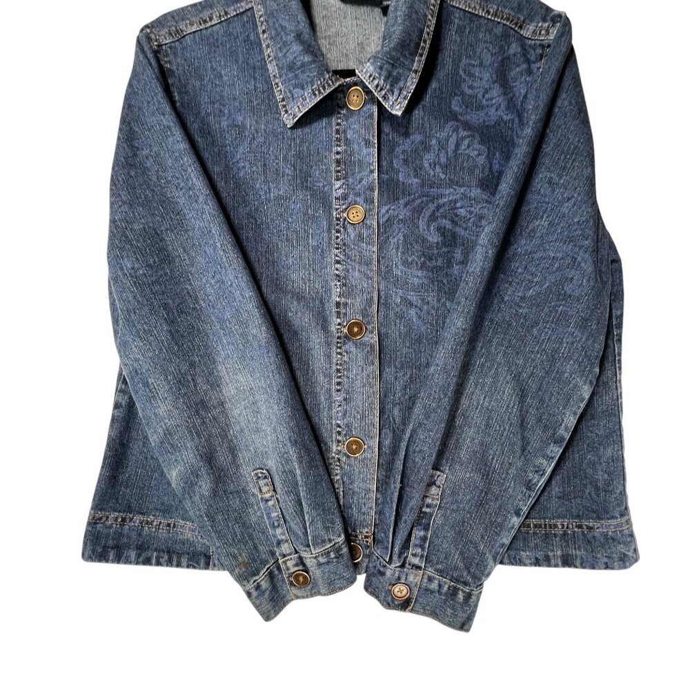 Gloria Vanderbilt Denim Blue Jeans Jacket Paisley Design L Sara Button Close - Picture 6 of 12